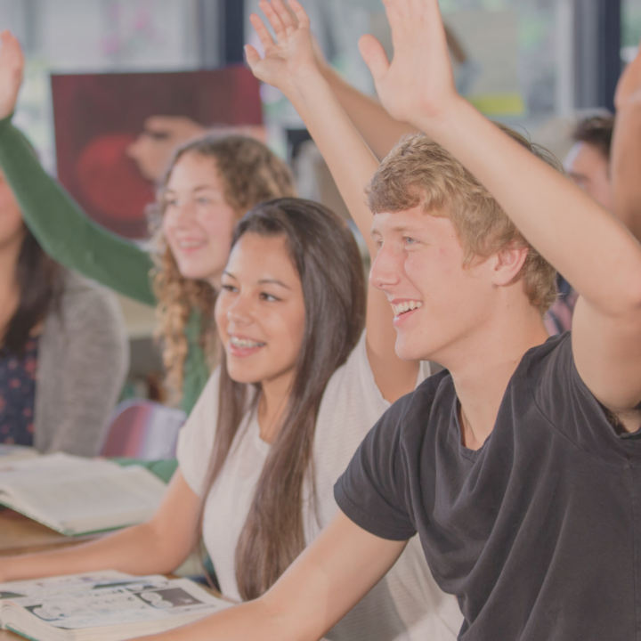 Des lycéens lèvent la main pour participer en classe.