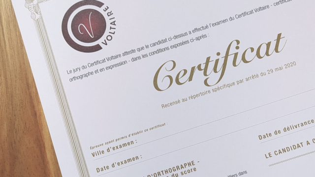 Attestation du Certificat Voltaire en version papier.