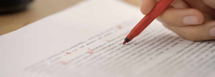 Une personne corrige un texte au stylo rouge.